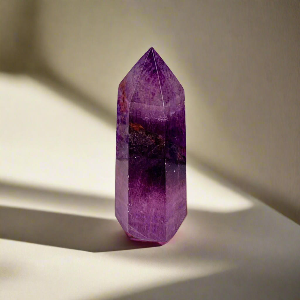 Amethyst point with a deep purple and a spattering of a rust color near the top 