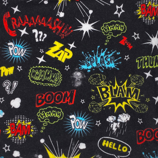 Black background with Boom, Blam Hello Pow and decorative elements 