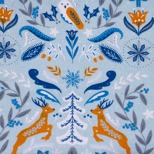 white orange and blue owls with florals and deer winter scene