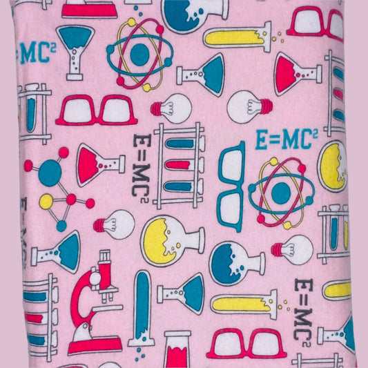 Pink E=MC2 Science fabric with glasses, microscope, beacons, light bulbs ect.. 